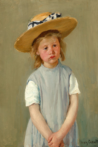 A framed portrait painting of a child in a straw hat, with a plain black border.