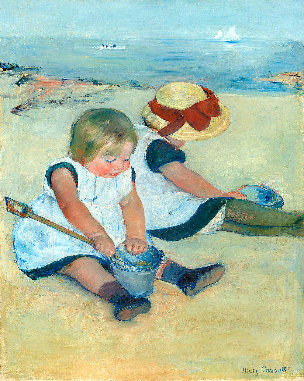 A framed print depicting two children playing on a beach, with vibrant colors and a focus on the children against a softer background.