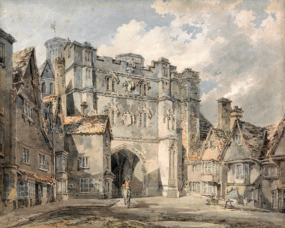 Vintage-style painting of a town square with a large stone building and people walking.