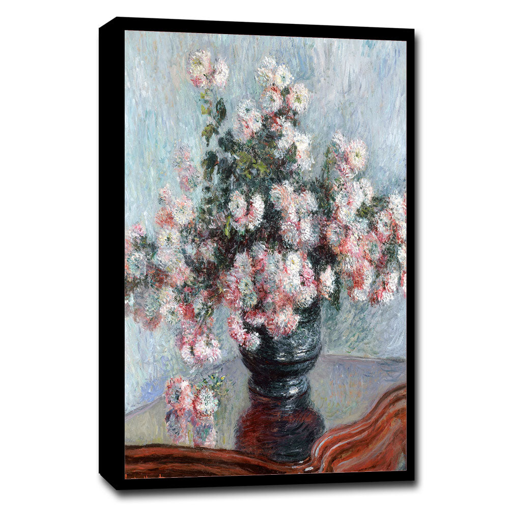 A framed print of 'Chrysanthemums' by Claude Monet, depicting a vase of pink and white flowers on a table.