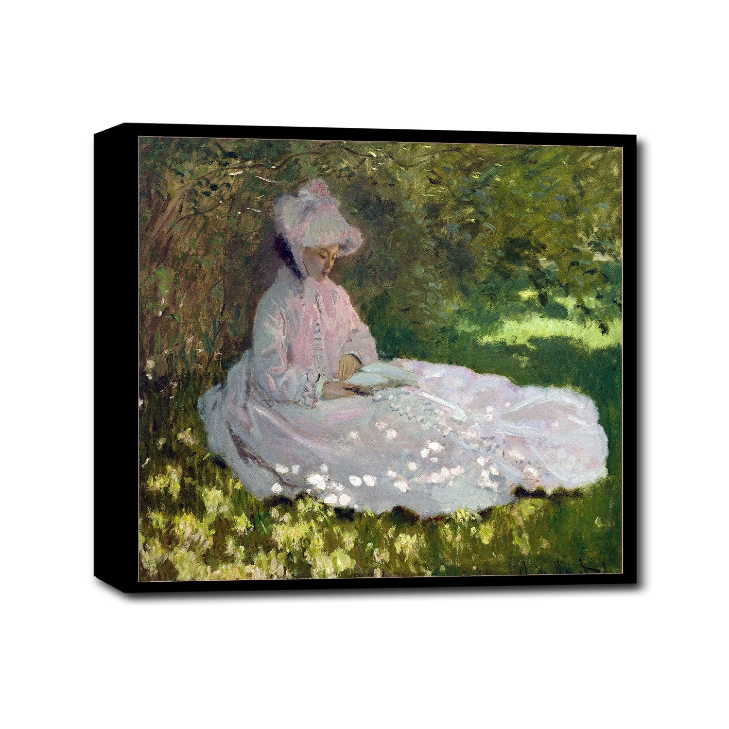 A printed art piece featuring a woman in a pink dress seated in a garden, framed in a black frame.