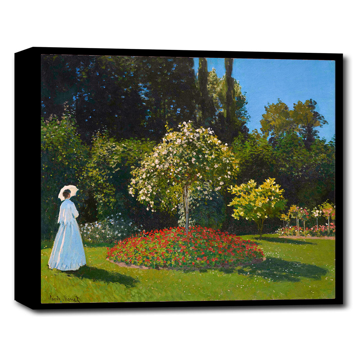 A framed print of 'Lady in the garden' by Claude Monet, depicting a woman walking in a garden with a tree in bloom and colorful flowers.