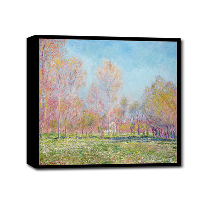 A framed print of a landscape painting featuring trees with pink and green leaves, and a blue sky.
