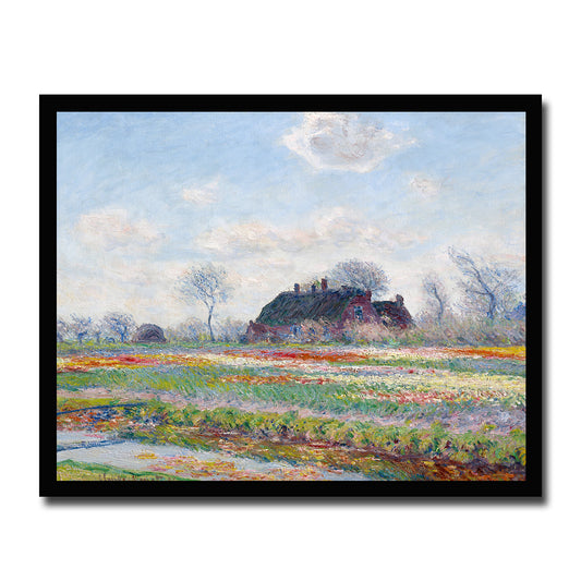 A printed art piece depicting tulip fields with a rustic house in the background, rendered in vibrant colors with a visible, textured surface.