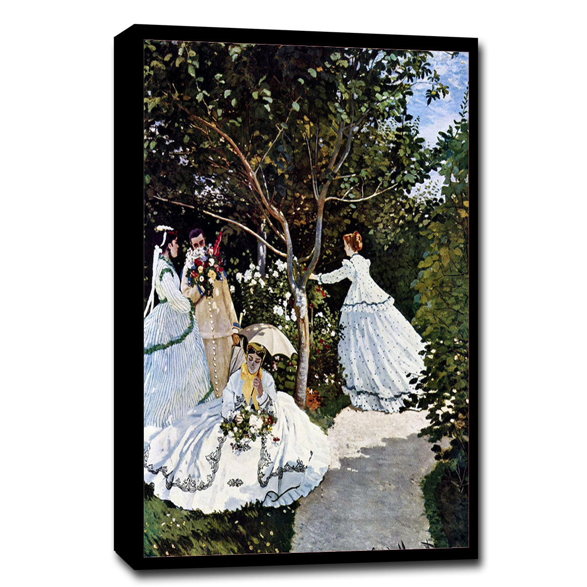 A framed print of a classical painting featuring women in Victorian-era dresses standing in a garden.