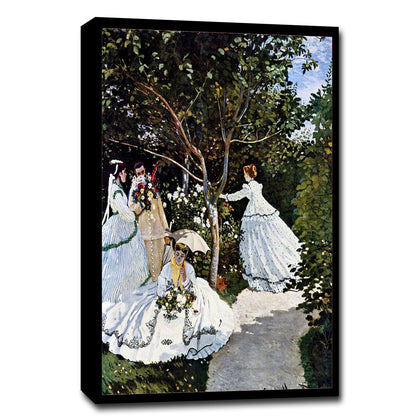 A framed print of a classical painting featuring women in Victorian-era dresses standing in a garden.