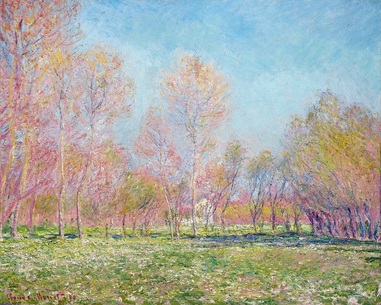 A framed print of a landscape painting featuring trees with pink and green leaves, and a blue sky.