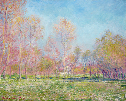A framed print of a landscape painting featuring trees with pink and green leaves, and a blue sky.