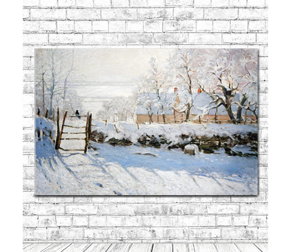 A framed print of 'The Magpie' by Claude Monet, depicting a snowy landscape with a magpie on a fence post.