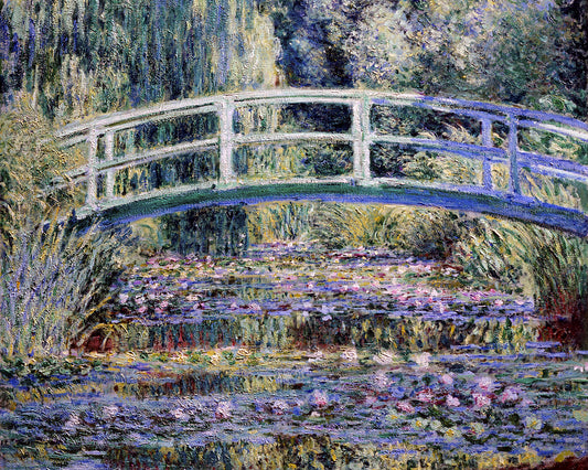 A framed print of 'Water Lilies and Japanese Bridge' by Claude Monet, depicting a scenic view with a bridge over a pond surrounded by greenery.