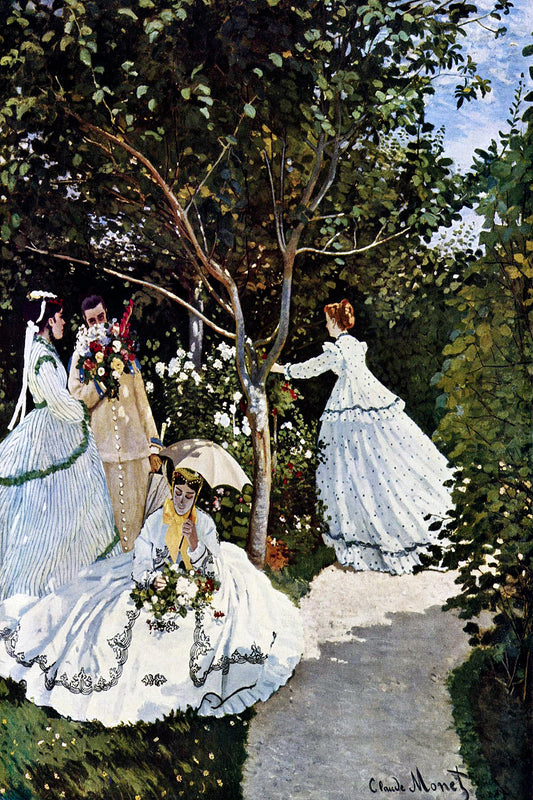A framed print of a classical painting featuring women in Victorian-era dresses standing in a garden.