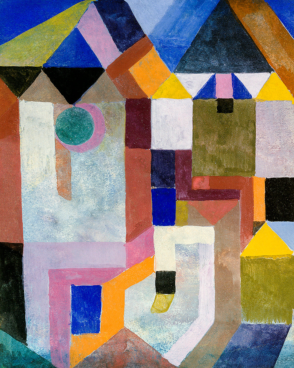 A framed print of an abstract painting featuring geometric shapes in various colors, with a black frame.