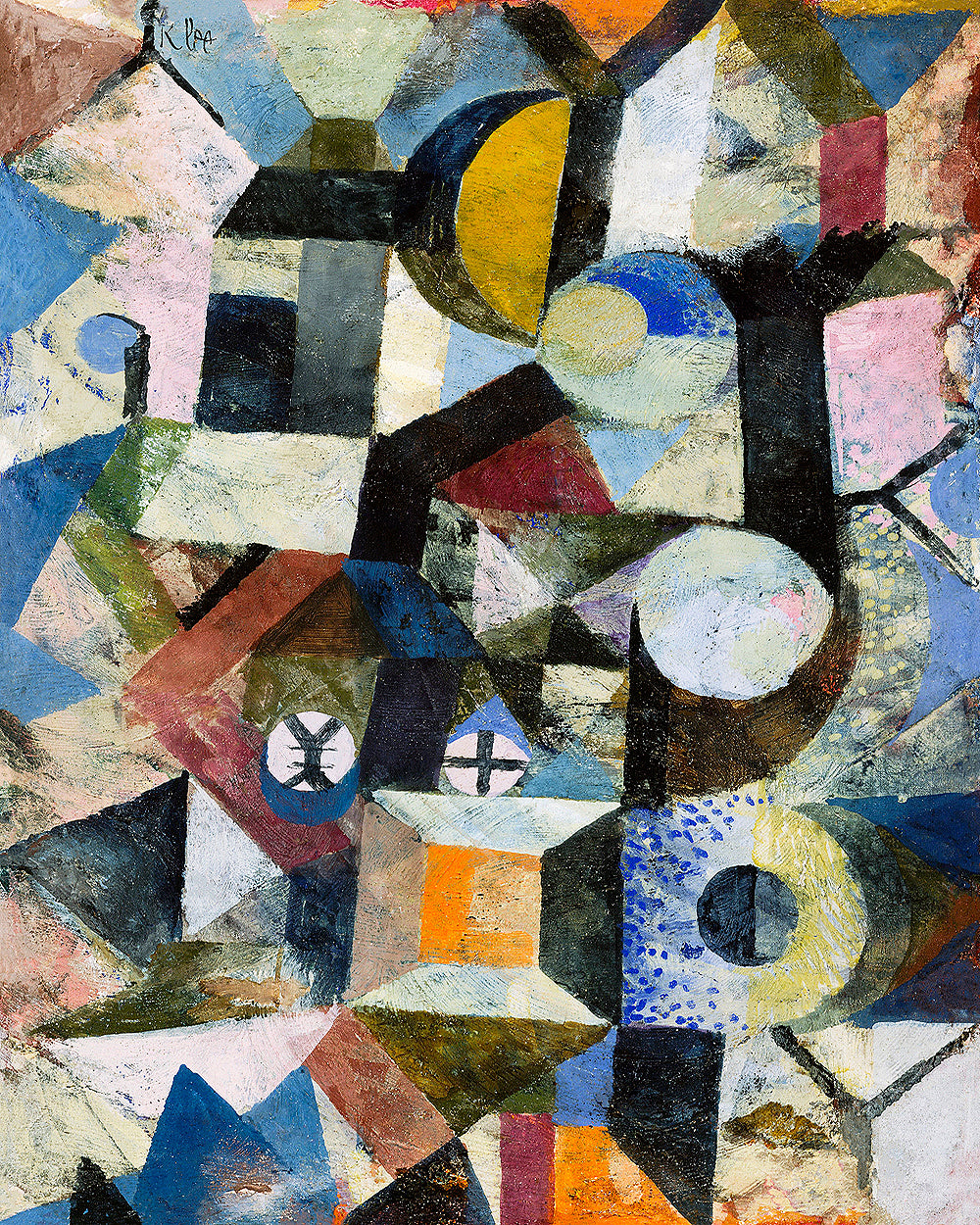 A framed artwork featuring an abstract composition with a variety of geometric shapes and a prominent yellow half-moon.
