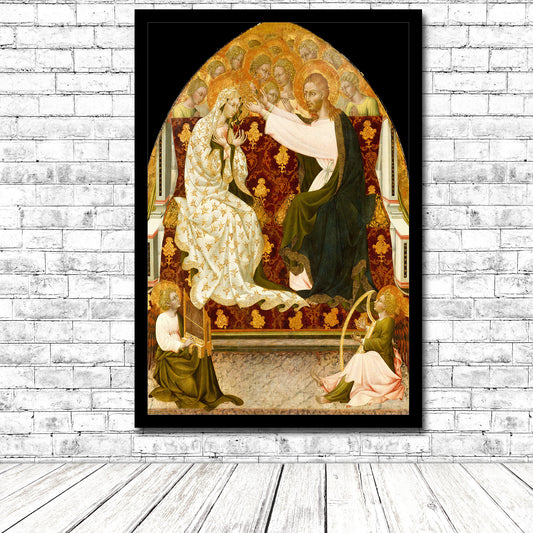 A printed art piece featuring 'Coronation of the Virgin' by Giovanni De Paolo, depicting a religious scene with multiple figures, primarily in tones of gold, white, and green against a dark background.