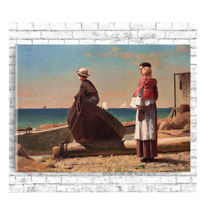 A framed print depicting two individuals by the sea, with one sitting in a boat and the other standing on the shore, holding a net. The image has a vibrant blue sky and calm sea in the background.