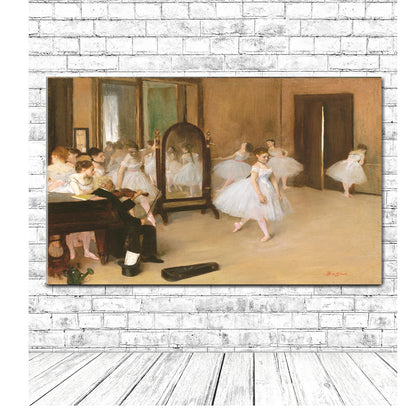 A printed art piece featuring dancers in a classroom setting with a wooden frame, depicting a classic artwork.