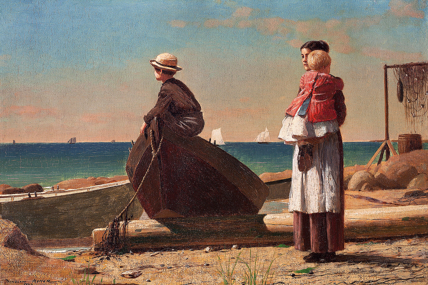 A framed print depicting two individuals by the sea, with one sitting in a boat and the other standing on the shore, holding a net. The image has a vibrant blue sky and calm sea in the background.