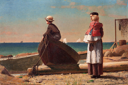 A framed print depicting two individuals by the sea, with one sitting in a boat and the other standing on the shore, holding a net. The image has a vibrant blue sky and calm sea in the background.