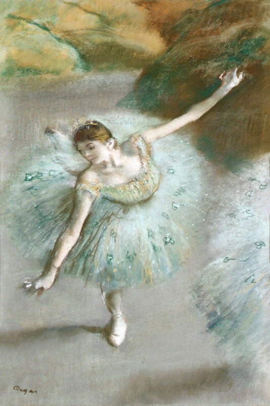 A framed print of a ballet dancer in motion, capturing Impressionistic qualities with soft, blended brush strokes.