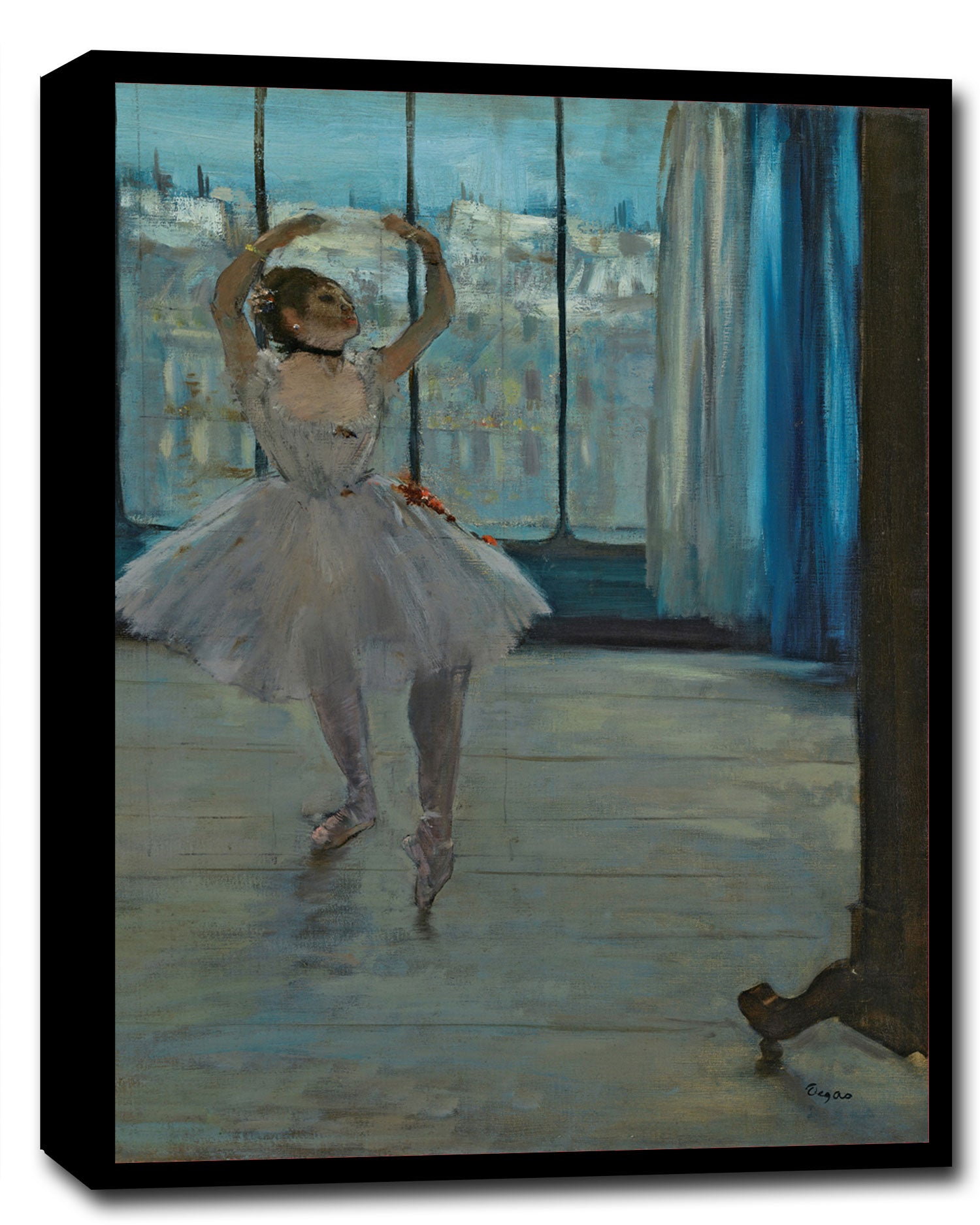 A framed print of a painting depicting a ballet dancer posing by a window, with a predominantly white and blue color scheme.