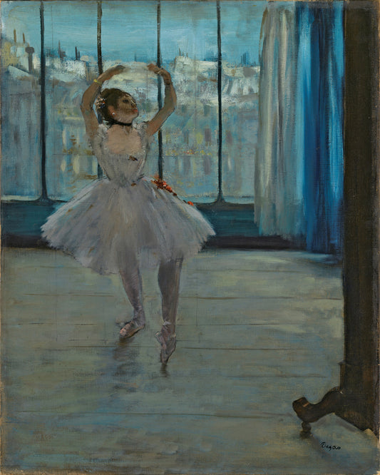 A framed print of a painting depicting a ballet dancer posing by a window, with a predominantly white and blue color scheme.