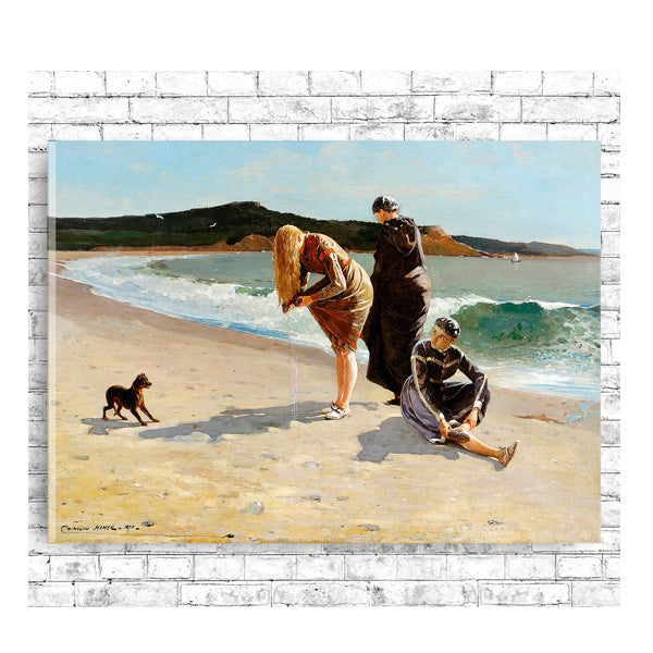 A framed print depicting a beach scene with three individuals and a dog, titled 'Eagle Head, Manchester, Massachusetts (High Tide)' by Winslow Homer.