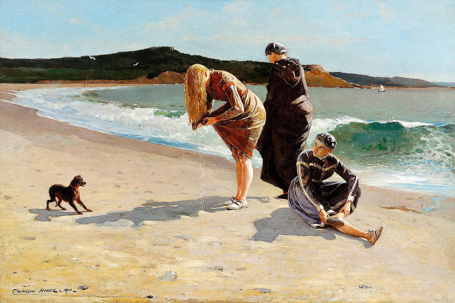 A framed print depicting a beach scene with three individuals and a dog, titled 'Eagle Head, Manchester, Massachusetts (High Tide)' by Winslow Homer.