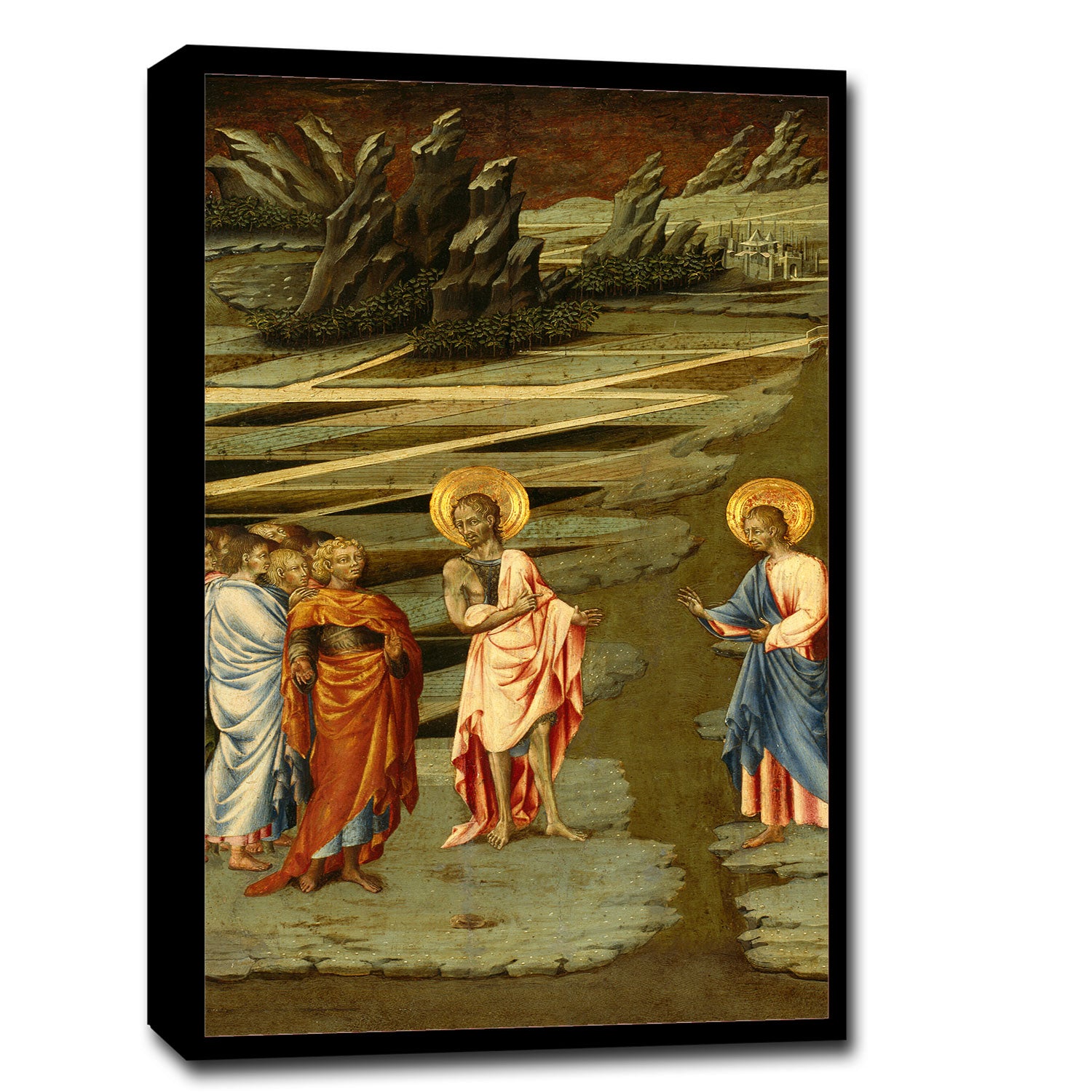 A printed art piece featuring figures in Renaissance style clothing, with a religious theme, bordered in black.