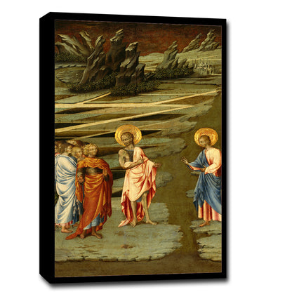 A printed art piece featuring figures in Renaissance style clothing, with a religious theme, bordered in black.