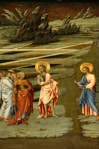 A printed art piece featuring figures in Renaissance style clothing, with a religious theme, bordered in black.
