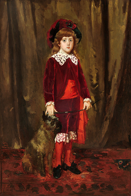 A framed print featuring a portrait of a young girl in a red velvet dress, holding a small dog, with options for mounting, framing, or hanging the artwork.