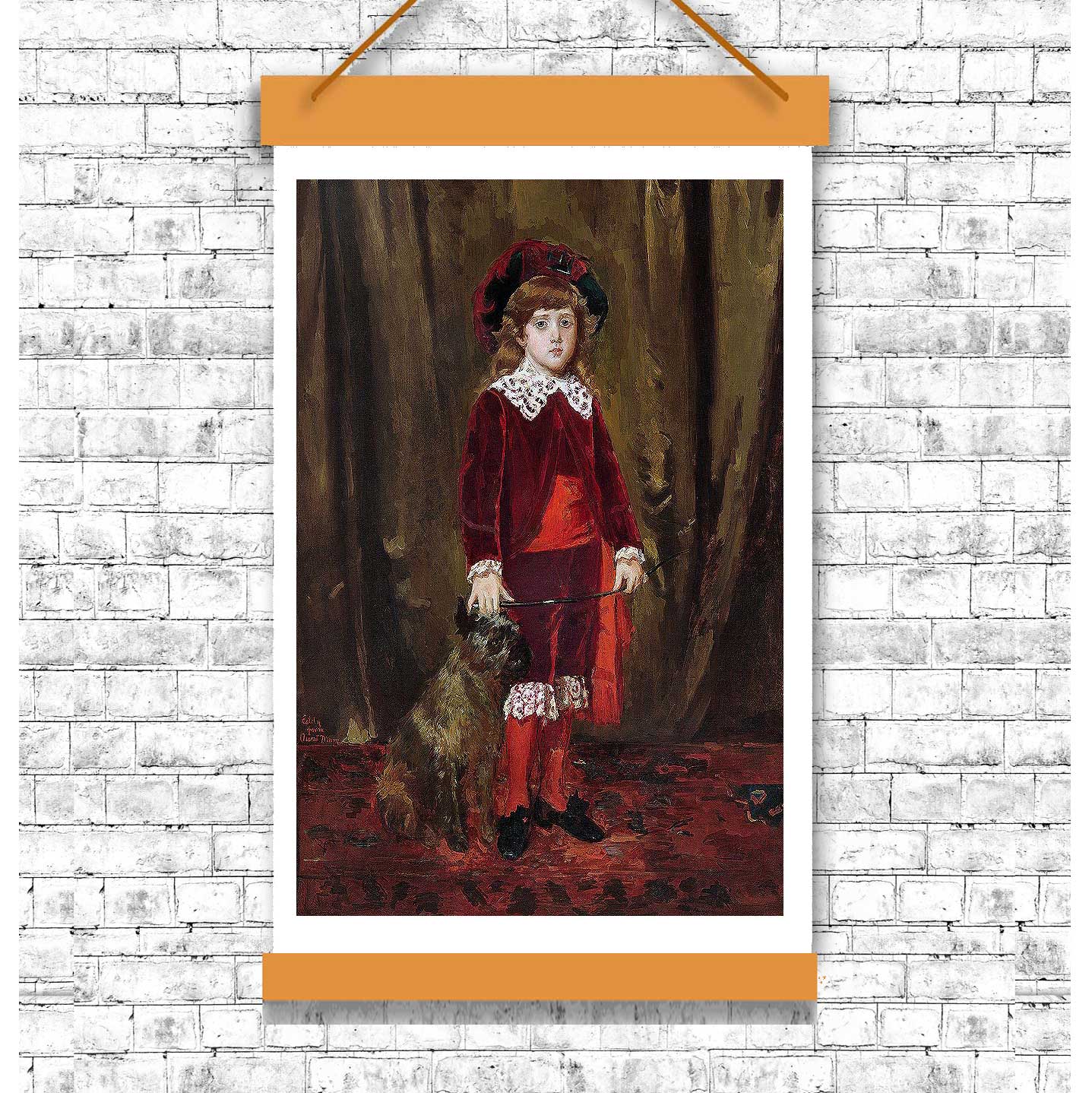 A framed print featuring a portrait of a young girl in a red velvet dress, holding a small dog, with options for mounting, framing, or hanging the artwork.