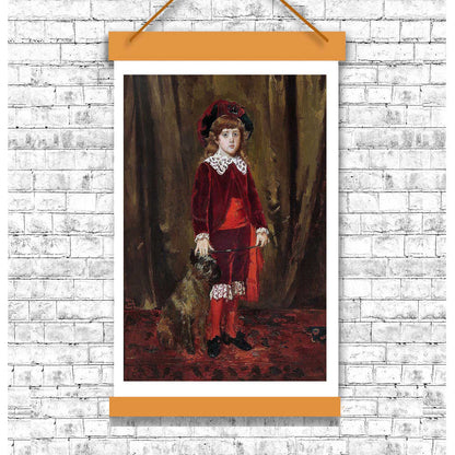 A framed print featuring a portrait of a young girl in a red velvet dress, holding a small dog, with options for mounting, framing, or hanging the artwork.