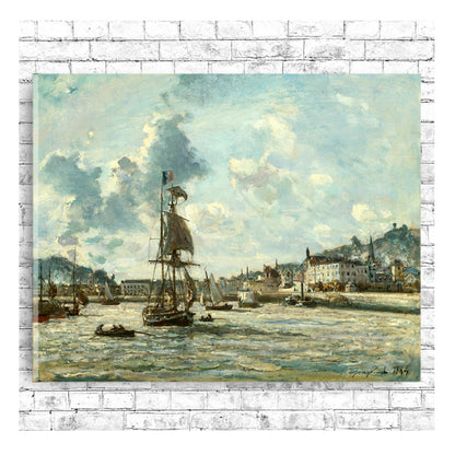 A framed print of a painting depicting a port scene with boats and a clear sky, bordered by a dark frame.