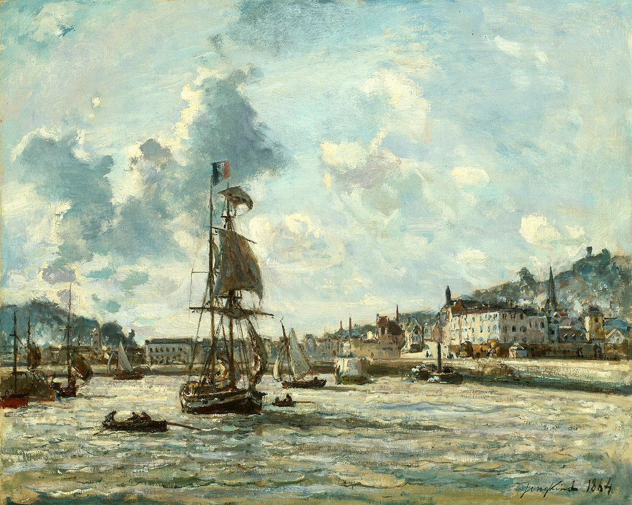 Painting of a harbor scene with ships and buildings under a cloudy sky.