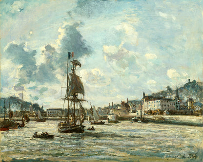 Painting of a harbor scene with ships and buildings under a cloudy sky.