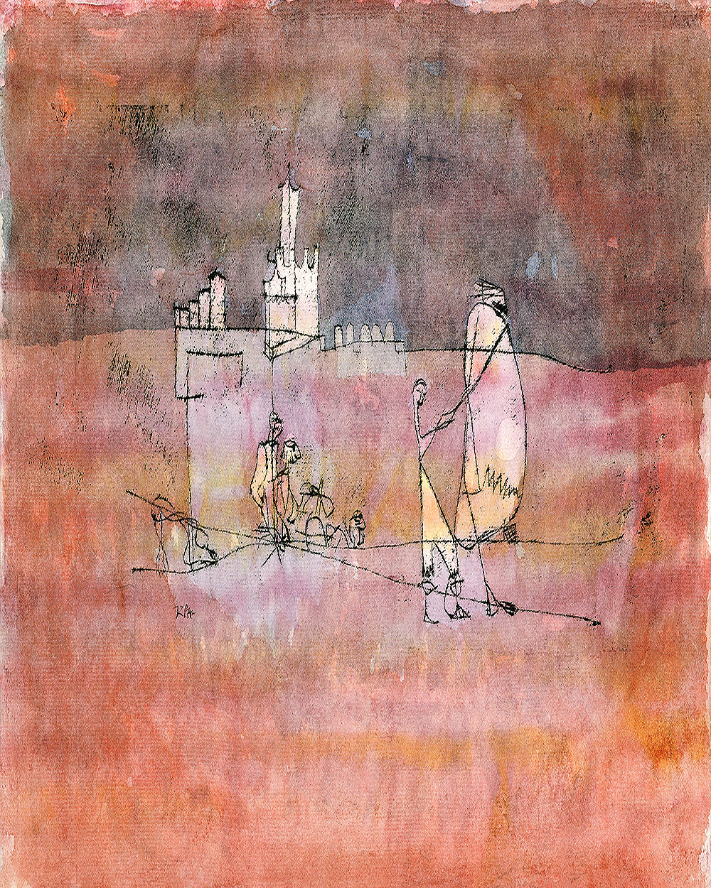 A framed artwork depicting abstract figures and buildings on a pink and purple background.
