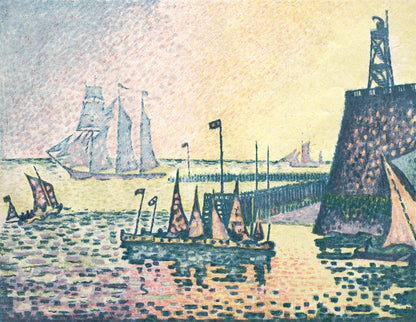 A printed art piece featuring a landscape with boats on water and a jetty, in Impressionist style.