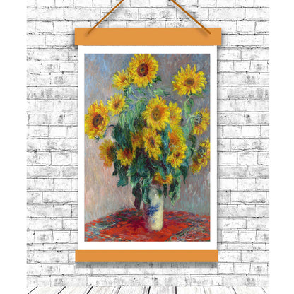 A framed print of 'Flowers (1880)' by Claude Monet, depicting a bouquet of sunflowers in a vase on a tablecloth.