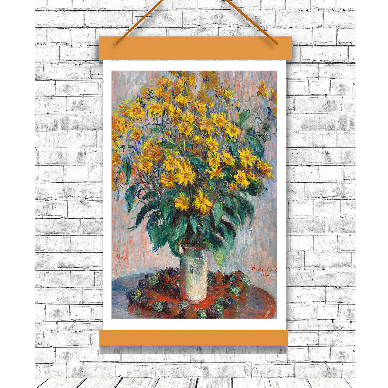A framed print of a painting depicting a vase of yellow flowers with green leaves, signed by Claude Monet.