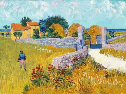 A printed art piece featuring a landscape with a person walking towards a gate, surrounded by flowers and a blue sky, indicative of the Impressionist style.