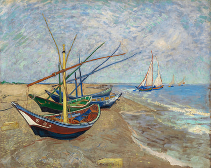 A printed art piece featuring impressionistic-style painting of fishing boats on a beach, with vibrant colors and visible brush strokes.