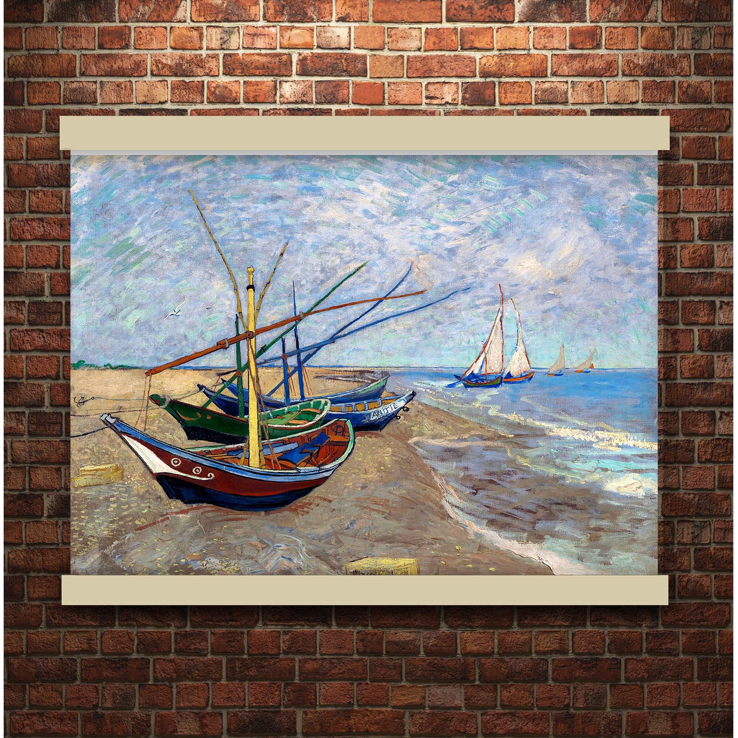 Fishing Boats on the Beach at Saintes-Maries (1888) by Vincent van Gogh | Hanging Canvas Art | Choice of Board Colors