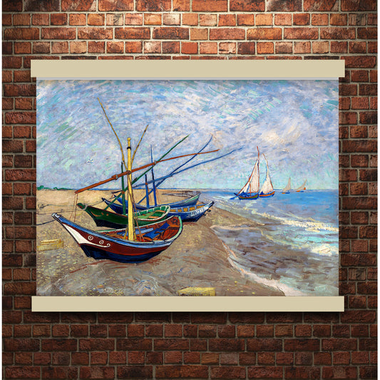 Fishing Boats on the Beach at Saintes-Maries (1888) by Vincent van Gogh | Hanging Canvas Art | Choice of Board Colors