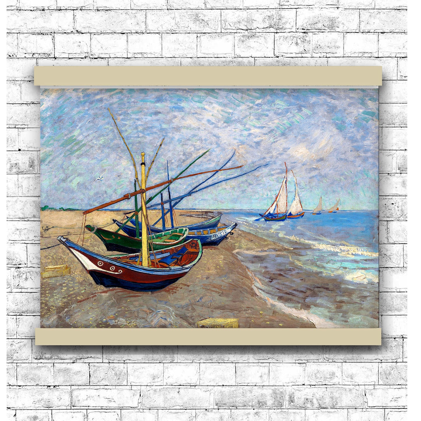 Fishing Boats on the Beach at Saintes-Maries (1888) by Vincent van Gogh | Hanging Canvas Art | Choice of Board Colors