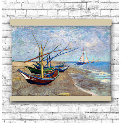 Fishing Boats on the Beach at Saintes-Maries (1888) by Vincent van Gogh | Hanging Canvas Art | Choice of Board Colors