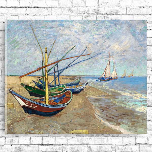 Fishing Boats on the Beach at Saintes-Maries by Vincent van Gogh - Buy Print Only or Mounted with Choice of Accent Color