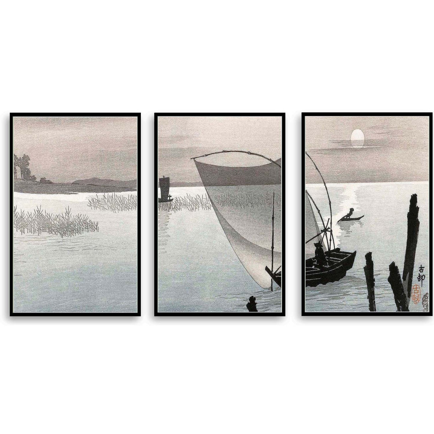 Fishing boats at full moon (1900–1910) by Ohara Koson  | Choose Style | Size & Trim Color