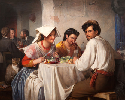 A painting depicting people in a restaurant setting, with a focus on a woman in a white hat and a man in a brown coat sitting at a table.
