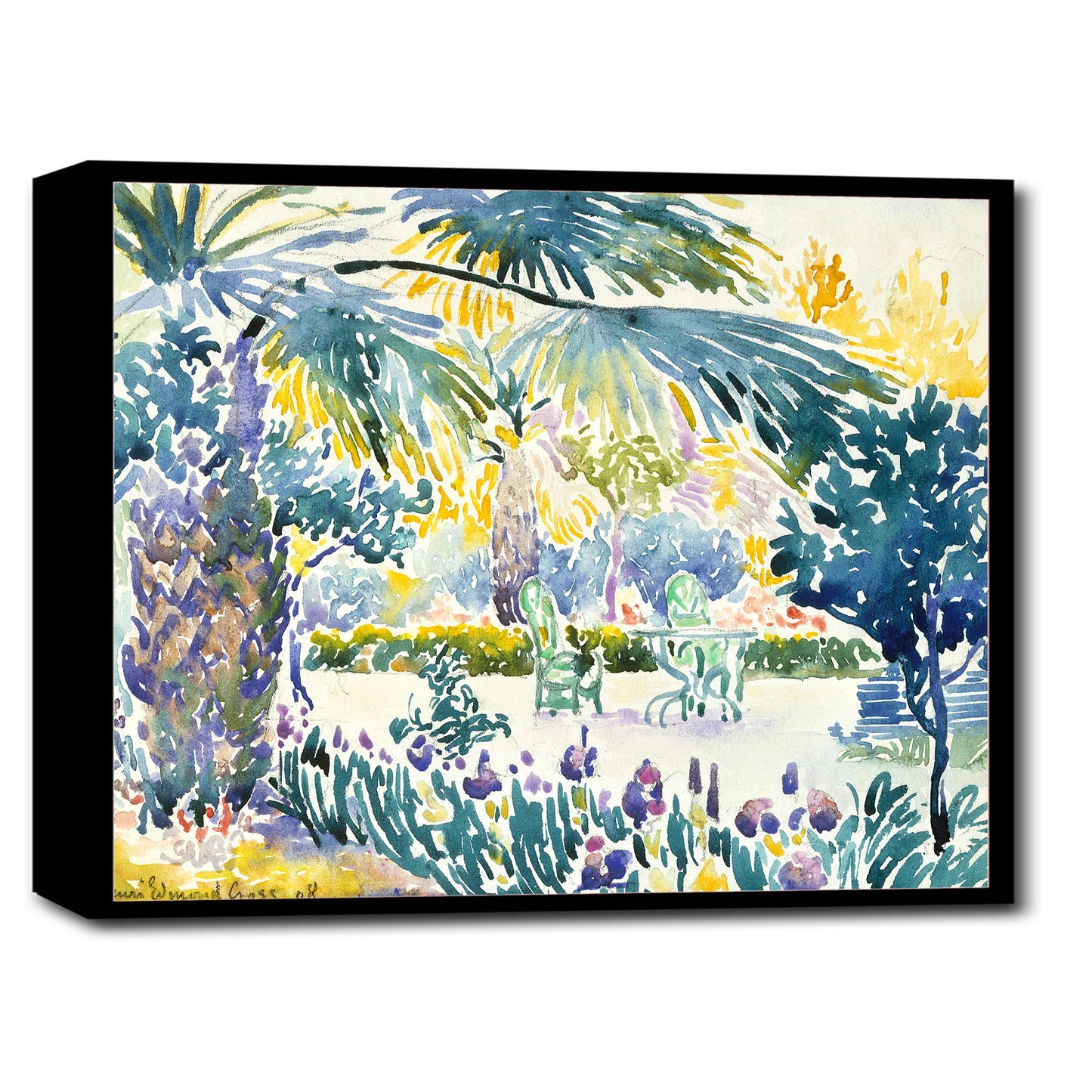 A framed art print of a vibrant garden scene with a prominent use of blue and green colors, depicting flowers, trees, and a bench.